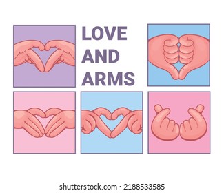 Ilustración vectorial de las manos que muestran diferentes símbolos del amor en el fondo en tonos pastel 