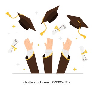 Vector illustration hands throwing graduation hats