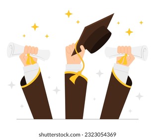 Vector illustration hands throwing graduation hats