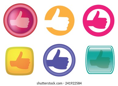 Vector illustration of hands with thumb up gesture as web buttons and icons in different designs