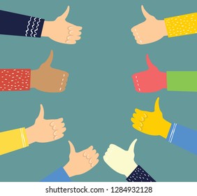 Vector illustration of hands with thumbs up in flat style. Concept of public approval, acknowledgment by audience, positive opinion, recognition. 