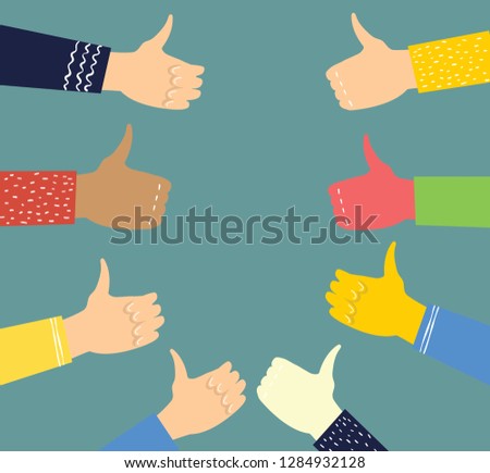 Vector illustration of hands with thumbs up in flat style. Concept of public approval, acknowledgment by audience, positive opinion, recognition. 