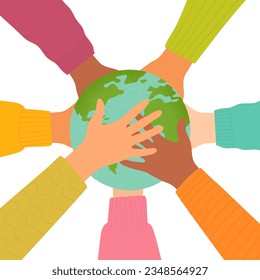 Ilustración vectorial de las manos tocando el planeta Tierra. Día de la Tierra. El concepto de tolerancia, apoyo, unidad.
