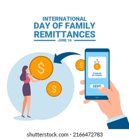 Vector illustration, hands transferring money using a smartphone, as a banner or poster for International Day of Family Remittances.