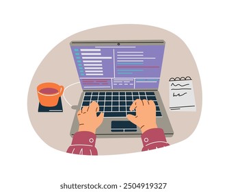 Vector illustration of hands typing on a laptop with code on the screen. Includes a notebook and a coffee cup. Perfect for technology and programming themes.