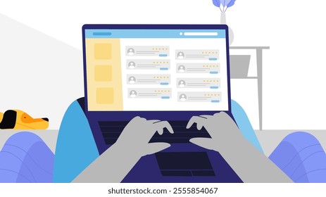  A vector illustration of hands typing on a laptop with a reviews page displayed. A relaxed home setup is depicted, featuring a pet dog resting nearby and a cozy workspace atmosphere.