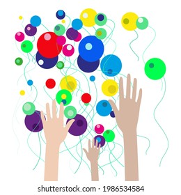 Vector illustration of hands up, against the background of balloons. Festive, good mood.