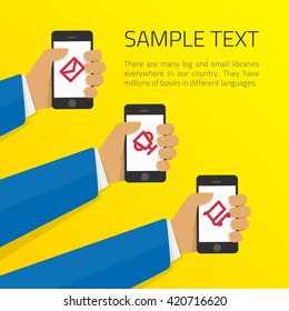 Vector illustration of hands using mobile smartphone with business applications and social media content isolated illustration. Illustration of mobile telephone in his hand in the flat style. 