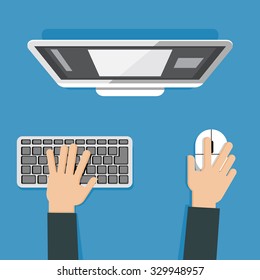 Vector illustration of hands using pc keyboard and computer mouse