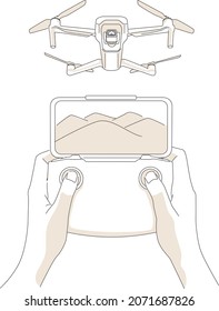 Vector illustration of hands using remote control of a flying drone. 