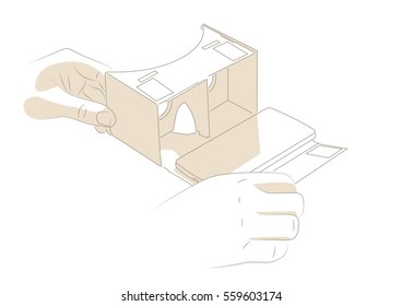 Vector Illustration Of Hands Using Vr Cardboard