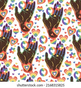 Vector illustration. In the hands of various hearts, flowers, LGBT rainbow. Pattern. Light background, wallpaper