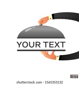 Vector illustration. Hands of waiter holding empty silver cloche. Restaurant plate.