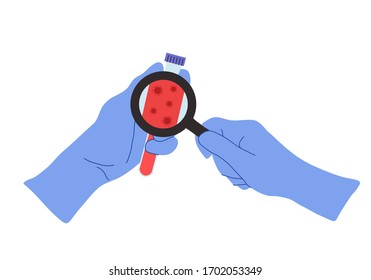 Vector illustration of hands wearing gloves holding coronavirus test tube with blood sample or virus vaccine. Medical concept of coronavirus disease 2019 COVID-19 or SARS-CoV-2 test close-up.