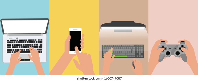 Vector Illustration 
Hands When Using A Laptop,  Cell Phone, Computer, And Game Console
Flat Cartoon Style