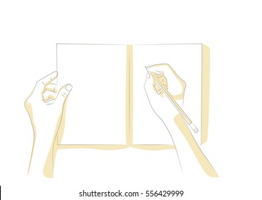 Vector illustration of hands writing on an open notebook.