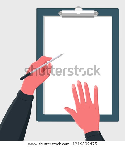 Vector illustration with hands writing on tablet. There is empty space on piece of paper for notes. Concept template for table contents, presentations, advertising, and text decoration.