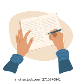 Vector illustration of hands writing in an open notebook. Minimalistic flat design perfect for education, planning, note-taking concepts, apps, blogs, and creative projects.