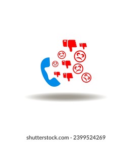 Vector illustration of handset with cloud of thumb down signs and sad faces. Icon of complaints. Symbol of dissatisfaction.