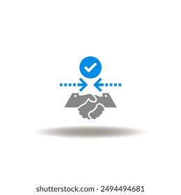 Vector illustration of handshake with arrows towards each other and check mark. Icon of trust. Symbol of success deal.