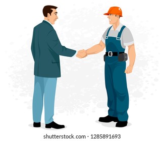 Vector illustration of a handshake of Builder with customer