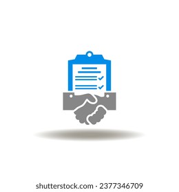 Vector illustration of handshake and check list. Icon of deal conclusion. Symbol of trust. Sign of terms and conditions.