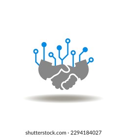 Vector illustration of handshake with circuit. Icon of smart contract. Symbol of modern digital deal.