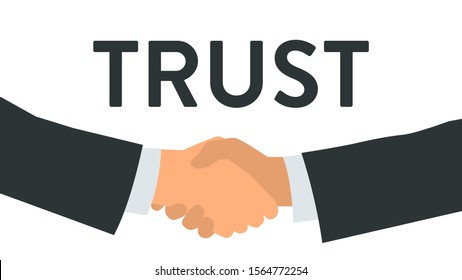 Vector illustration of a handshake close up with a background word TRUST. Poster with text placeholder and description