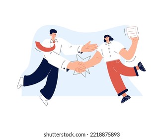 Vector illustration, handshake, conclusion of a contract, successful partnership, cooperation. Negotiation about fair and equal business deal. Agreement work solution with handshake after meeting