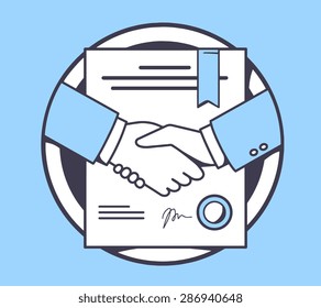 Vector illustration of handshake with contract signed and sealed on blue background. Hand draw line art design for web, site, advertising, banner, poster, board and print. 