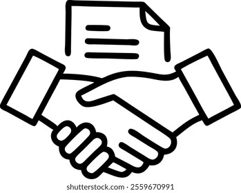 Vector illustration of a handshake with a contract symbolizing a business agreement. concept as A clean vector image depicting two hands shaking over a contract document; designed with simple lines an