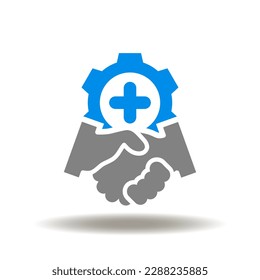 Vector illustration of handshake with gear and plus sign. Icon of employee benefits. Symbol of successful make a deal.