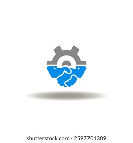 Vector illustration of handshake with gear wheel. Symbol of onboarding. Icon of welcome onboard.
