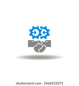 Vector illustration of handshake and gears mechanism with arrows facing each other. Icon of facilitator. Symbol of facilitating.