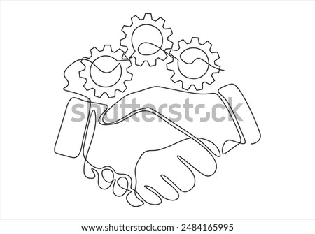 Vector illustration of handshake and gears mechanism.Teamwork of business concept.continuous one line drawing. Vector illustration