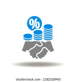 Vector illustration of handshake with growing coins pile and percent sign. Icon of P2P Peer to Peer. Symbol of tax or fees agreement.