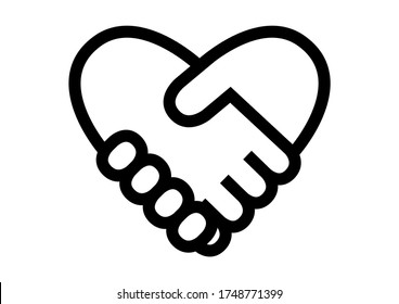 Vector illustration of handshake. Heart shaped logo design. 