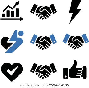 A vector illustration of a handshake icon set. There are five icons in total, each with a different shade of blue.