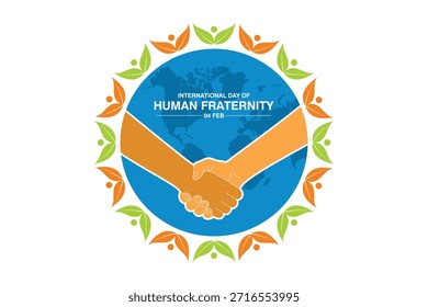 Ilustración vectorial de un apretón de manos dentro de un globo con íconos decorativos de hojas humanas que simbolizan la unidad, la paz y la fraternidad global para el Día Internacional de la Fraternidad Humana.