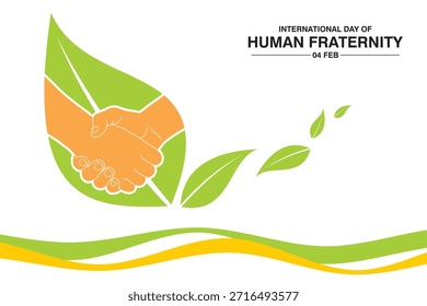 Ilustração vetorial de um aperto de mão dentro de uma folha verde, simbolizando unidade, paz e harmonia ambiental para o Dia Internacional da Fraternidade Humana.