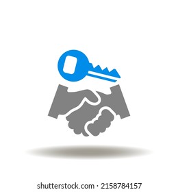 Vector illustration of handshake with key. Icon of deal real estate. Symbol of house property, ownership.