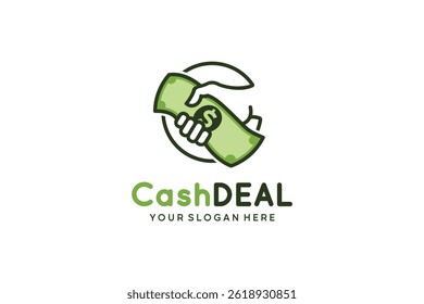 Vector illustration of handshake logo design with banknotes in circle symbol