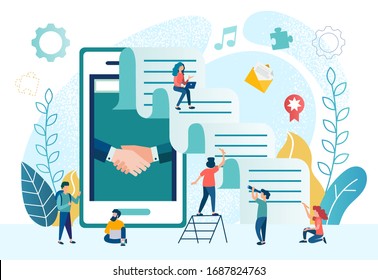 vector illustration handshake mobile app teamwork concept. handshake on the mobile phone screen, negotiations in the office, remote contracts, online communication