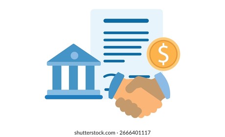 Vector illustration of a handshake over a finance agreement with bank and currency icons, representing loans, business deals, and partnerships.