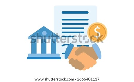 Vector illustration of a handshake over a finance agreement with bank and currency icons, representing loans, business deals, and partnerships.
