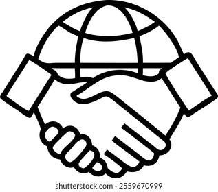 Vector illustration of a handshake over a globe symbolizing global business partnerships. concept as A clean vector image depicting two hands shaking over a globe; designed with simple lines and neutr