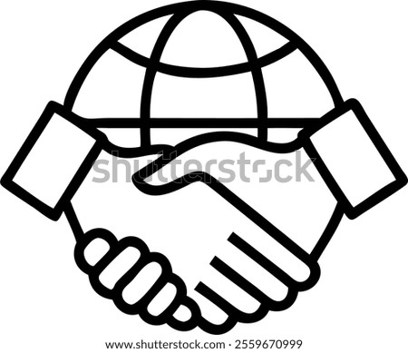 Vector illustration of a handshake over a globe symbolizing global business partnerships. concept as A clean vector image depicting two hands shaking over a globe; designed with simple lines and neutr