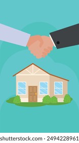 Ilustración vectorial de un apretón de manos sobre una casa, que simboliza un negocio de bienes raíces o Acuerdo. Ideal para temas de bienes raíces, propiedad de vivienda y administración de propiedades.