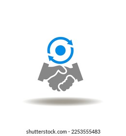 Vector illustration of handshake and round arrows process. Icon of facilitator. Symbol of deal negotiation process.