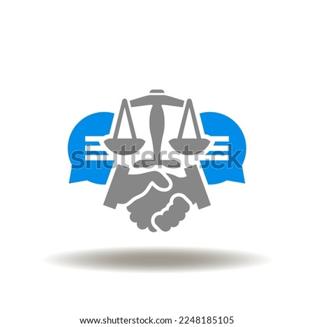 Vector illustration of handshake with scales and speech bubbles. Icon of collective bargaining. Symbol of law advice, legal service.